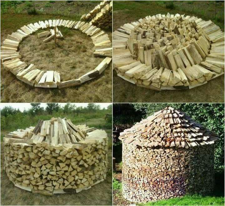 four pictures of different types of firewood stacked on top of each other in various stages of construction