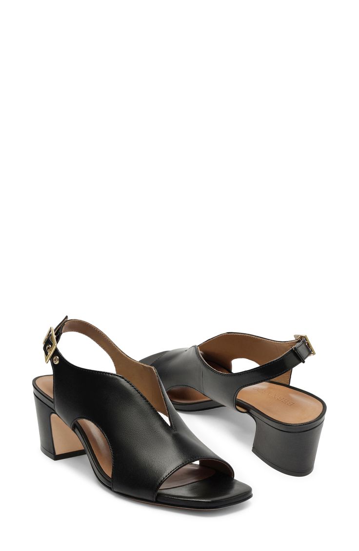 Curvy cutouts and a deep vamp distinguish this leather slingback pump set on a cushioned footbed and lofty block heel. 2" heel Cushioned footbed Leather upper, lining and sole Made in Brazil Pointed Toe Sandals With Stacked Heel In Medium Width, Pointed Toe Sandals With Stacked Heel, Medium Width, Sandals With Stacked Heel And Pointed Toe, Medium Width Sandals With Stacked Heel And Pointed Toe, Leather Slingback Pumps With Sculpted Heel For Work, Black Slingback Pumps With Sculpted Block Heel, Office Slingback Sandals With Block Heel, Office Sandals With Stacked Heel And Ankle Strap, Leather Slingback Pumps With Padded Heel For Work