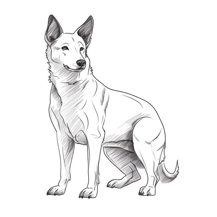 a black and white drawing of a german shepherd dog sitting down with its head turned to the side