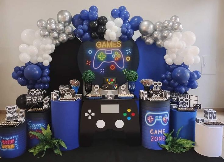 a video game themed birthday party with balloons