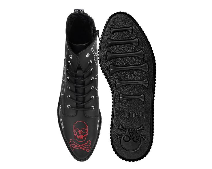 We wanted to do our part in supporting local businesses & artists during the pandemic. We teamed up with various artists and used our platform to showcase their talents on our iconic creepers. Using our shoes as their canvas, Tattoo Creepers were born. These T.U.K. x Eliza Sidney boots feature a black faux leather upper with red and white illustrations. Have 7-eyelet lace up detail and a platform sole height that measures 1 ¼” at the heel and ¾” in the front. Has removable memory foam insoles fo Leather Punk Platform Boots With Zipper Closure, Black Spiked Lace-up Platform Boots, Punk High-top Platform Boots With Zipper Closure, Leather Lace-up Platform Boots With Studded Outsoles, Gothic High-top Platform Boots With Rivets, Creeper Boots, Vegan Sandals, Low Boots, Toddler Accessories