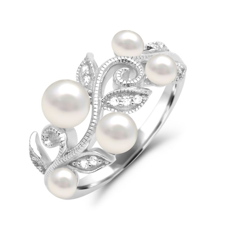 EXQUISITE FRESHWATER PEARLS: Adorning this Pearl & Diamond Ring are the timeless freshwater pearls, a symbol of purity and grace. These pearls, with their lustrous iridescence, bring an ethereal quality to the piece.INTRICATE LEAFY SWIRL DESIGN: The ring's design is a beautiful interplay of nature's grace, featuring an intricate leafy swirl design that wraps around your finger. This design not only adds a touch of organic elegance but also ensures that the Pearl & Diamond Ring is as stunning as Pearl Filigree Ring, Pearl Diamond Ring, Pearl Diamond Pendant, Buy Pearls, Pearl And Diamond Ring, Danbury Mint, I Love You Forever, Filigree Ring, Swirl Design