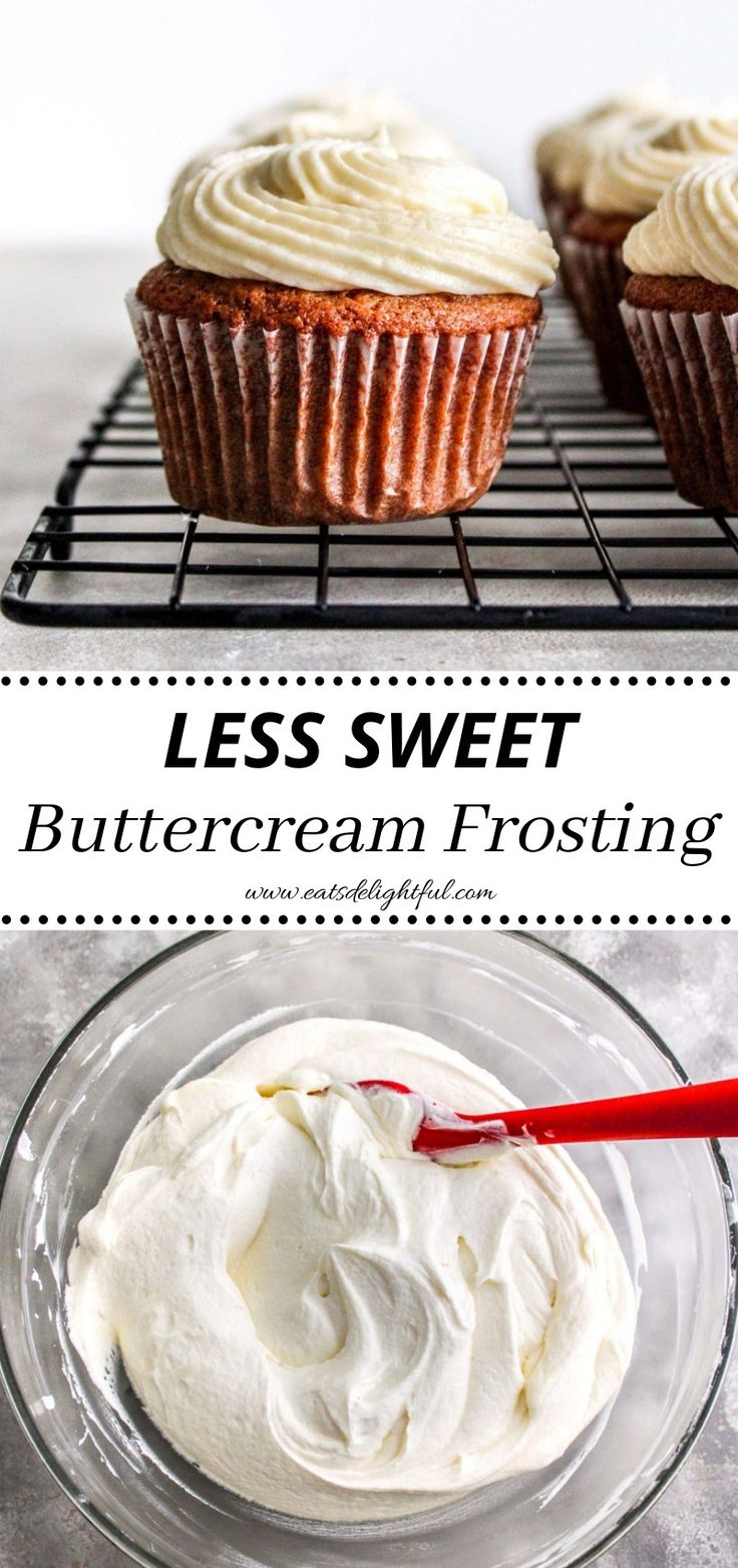 2 stacked images or ermine frosting on cupcake (top image) and frosting in bowl (bottom image) Non Sweet Cake Icing, Buttrtcream Frosting Recipe, Non Sweet Frosting Recipes, French Icing Recipe, Vanilla Frosting Not Too Sweet, Not Very Sweet Frosting, Easy Light Frosting Recipe, Best Icing For Cupcakes Not Too Sweet, Best Buttercream Frosting Not Too Sweet