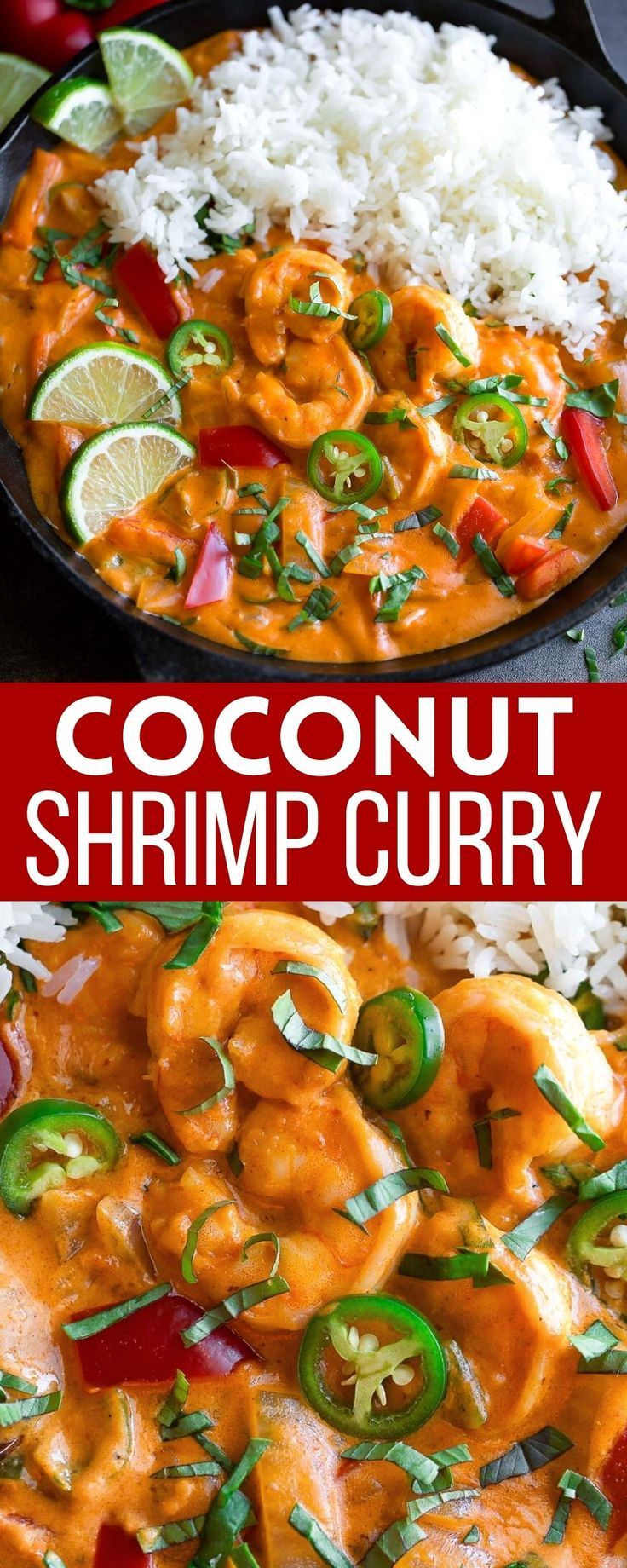 this is an image of coconut shrimp curry in a skillet with rice and peppers