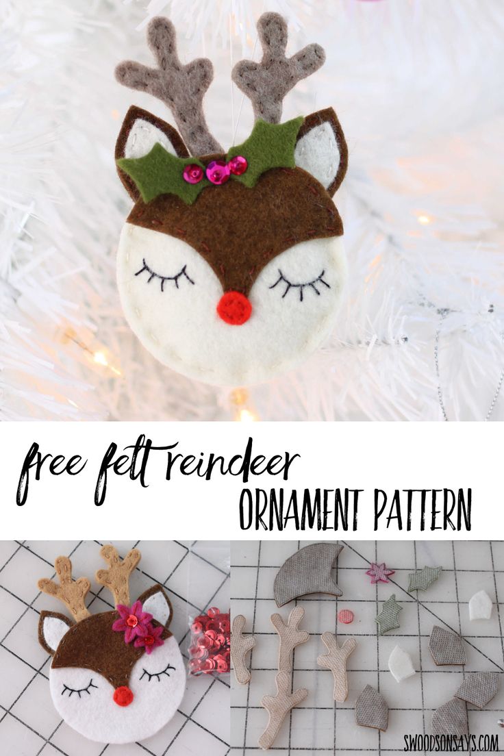 an ornament is hanging on a christmas tree with the text free felt reindeer ornament pattern