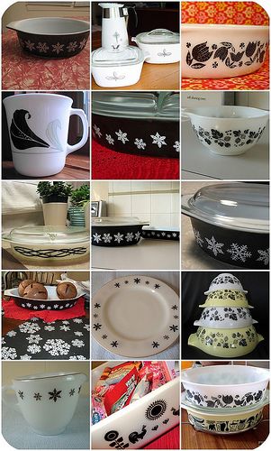 many different types of dishes are shown in this collage with black and white designs