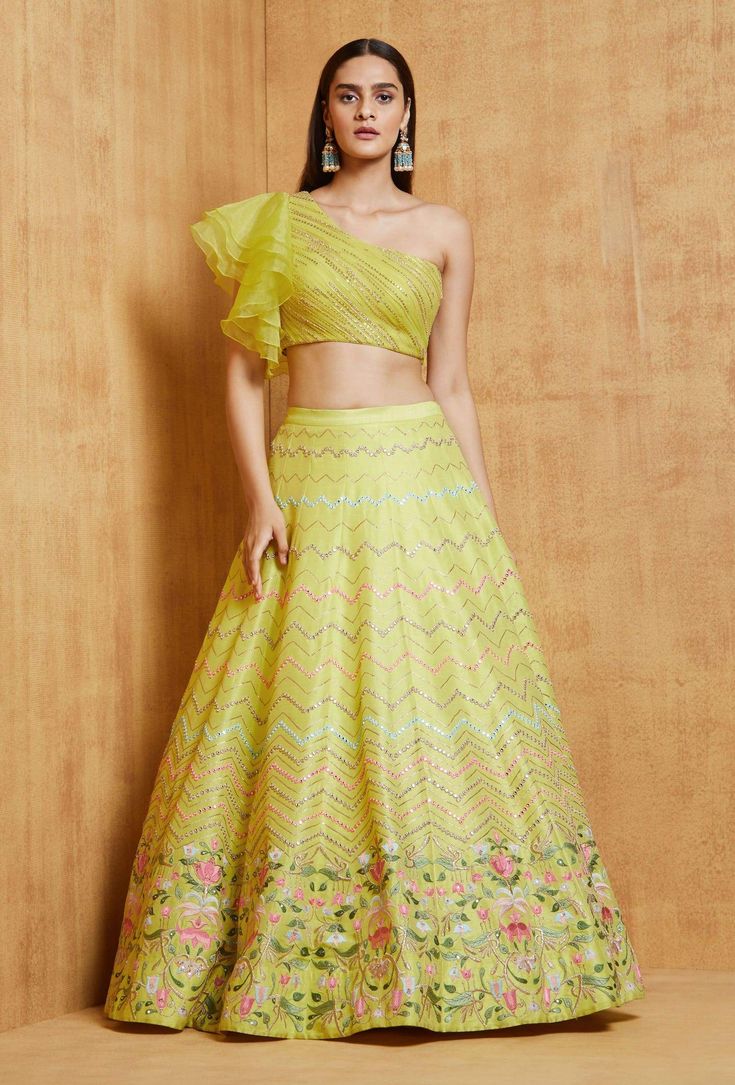 Chamee And Palak-Lime Green Noorjah Lehenga Set-INDIASPOPUP.COM Haldi Outfits, Function Dresses, Mehendi Outfits, Yellow Lehenga, Ghagra Choli, Party Wear Indian Dresses, Silk Lehenga, Lehenga Designs, Indian Fashion Dresses