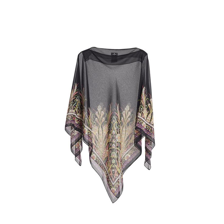 Etro beach coverup in polyester  Boat neckline  Asymmetric hem  One size fits most  Professional cleaning recommended Made in Italy Chic Beach Cover-up Poncho, Bohemian Sheer Beach Tops, Black Poncho For Vacation, Silk Beach Tops With Printed Details, Silk Beach Tops With Prints, Silk Printed Beach Tops, Elegant Sheer Tops For Beach, Multicolor Summer Evening Kaftan, Elegant Sheer Tops For The Beach