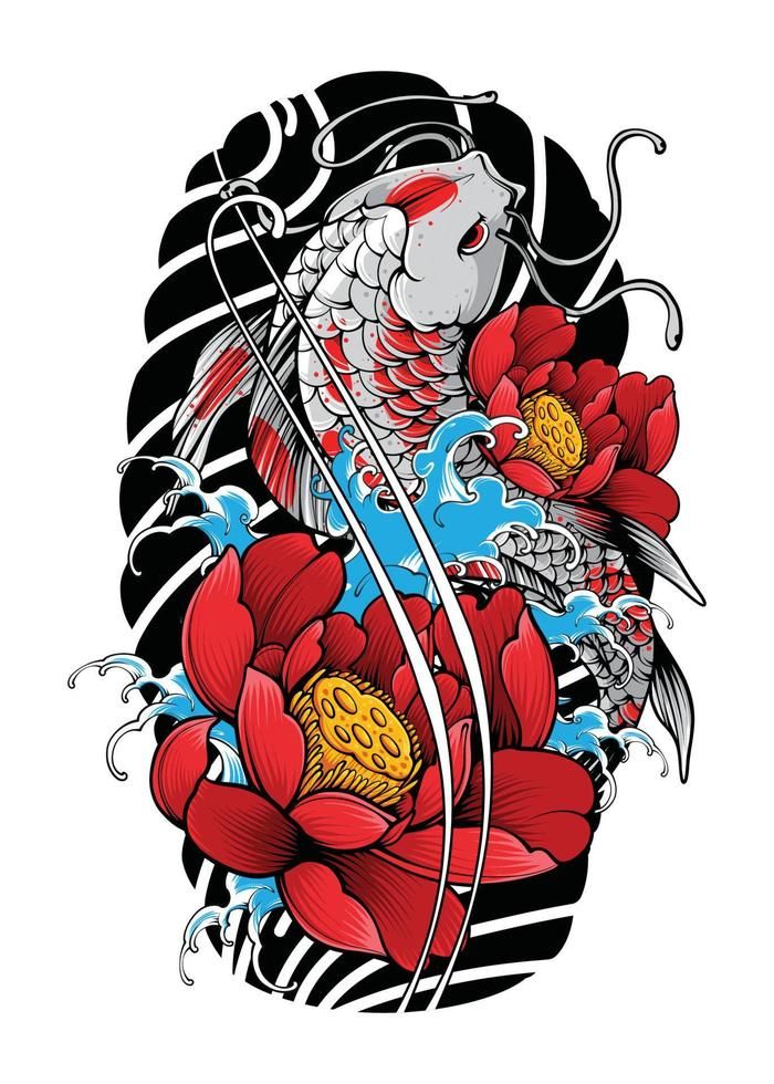 a koi fish with red flowers on it's body is shown in this tattoo design