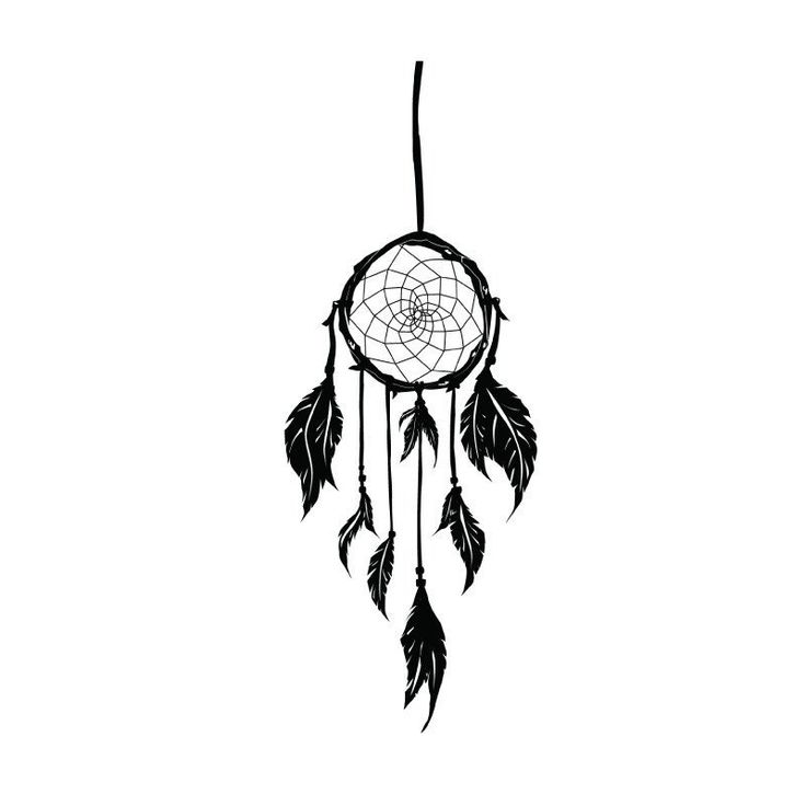 a black and white drawing of a dream catcher with feathers hanging from it's side