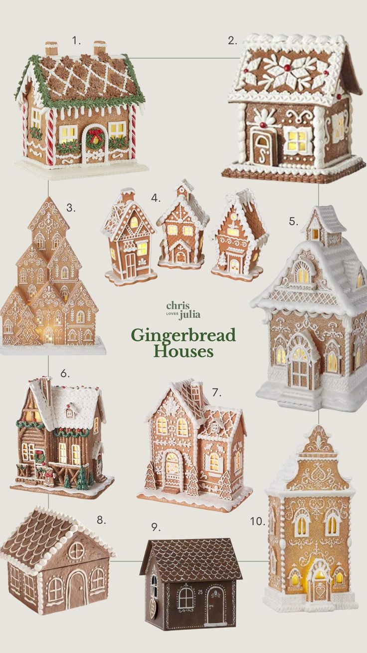 christmas gingerbread houses are shown in different styles and sizes, with instructions to make them