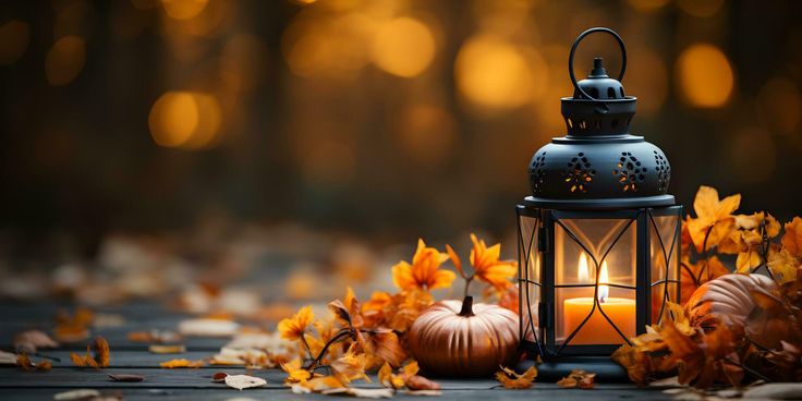 a lit lantern sitting on top of a wooden table surrounded by leaves and pumpkins