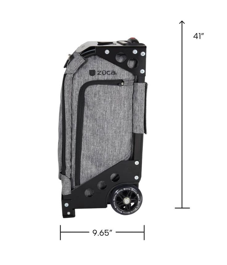 the side view of a rolling suitcase with wheels and handles, measurements for each piece