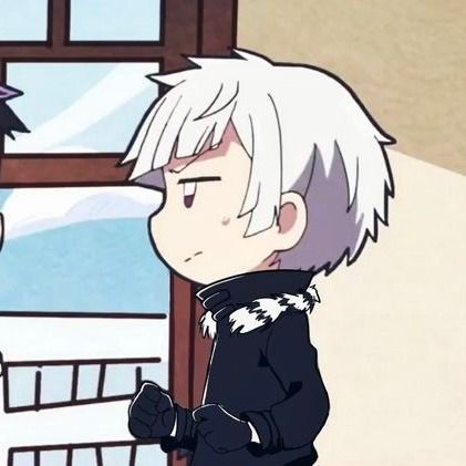 an anime character with white hair standing in front of a window and looking out the window