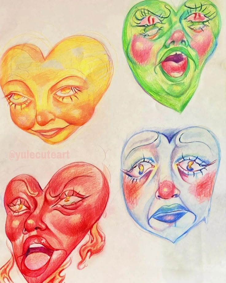 four colored drawings of faces with different expressions