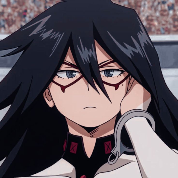 an anime character with long black hair and glasses