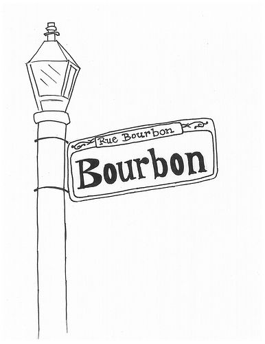 a street sign with the name bourbon on it and a lamppost in the background