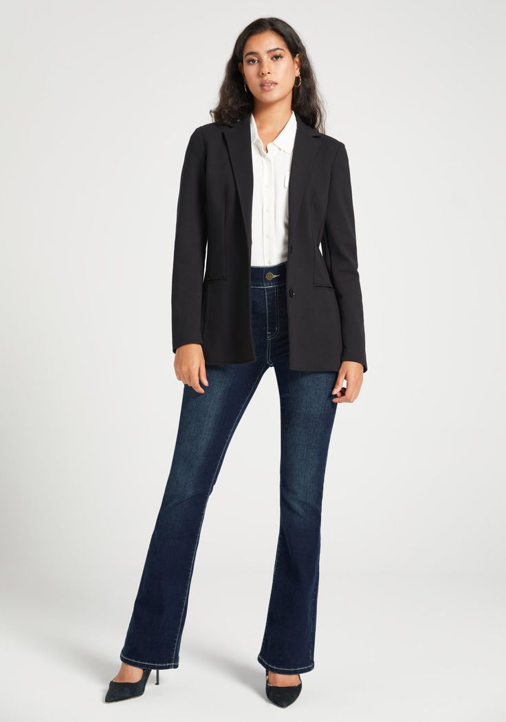 Refine your style with the Classic Blazer, made from 4-way stretch ponte for unparalleled mobility. With wrinkle resistance and essential pockets, it's the perfect match for our Dress Pant Yoga Pants. A tailored fit blazer that hits at the low hip. Featuring two functional pockets, 2-button closure, and a vent at the back hem. 28 inches from top of shoulder to hem, 24-inch sleeves (size S). Model wears Small. Wrinkle-resistant ponte fabric with 4-way stretch (black). 68% rayon, 27% nylon, 5% ela Ponte Fabric, Classic Blazer, Fitted Blazer, Blazer Black, Dress Pant, Black Blazers, Perfect Match, Yoga Pants, Yoga