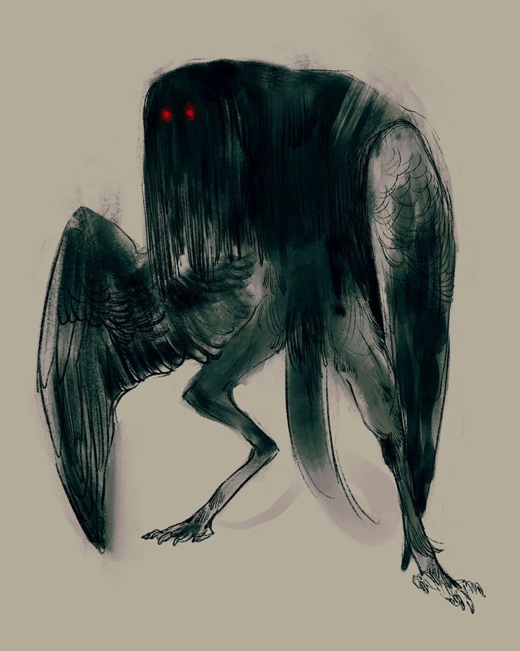 a drawing of a bird with red eyes on it's head and legs, sitting down