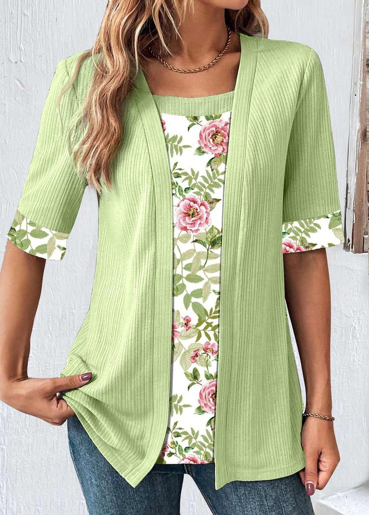 ROTITA Patchwork Floral Print Avocado Green T Shirt Green Short Sleeve Spliced Tops, Green Short Sleeve Tops With Splicing, Green Crew Neck T-shirt With Splicing, Green Patchwork Tops For Spring, Spring Green Patchwork Tops, Spring Cotton Tops With Fake Two-piece Look, Spring Cotton Tops With Fake Two-piece Detail, Spring Cotton Fake Two-piece Top, Summer Patchwork Tops For Layering