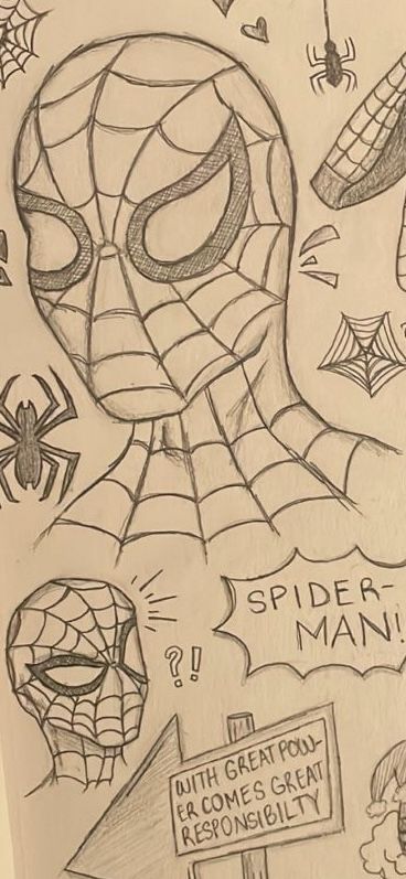 a drawing of a spider man and some other things