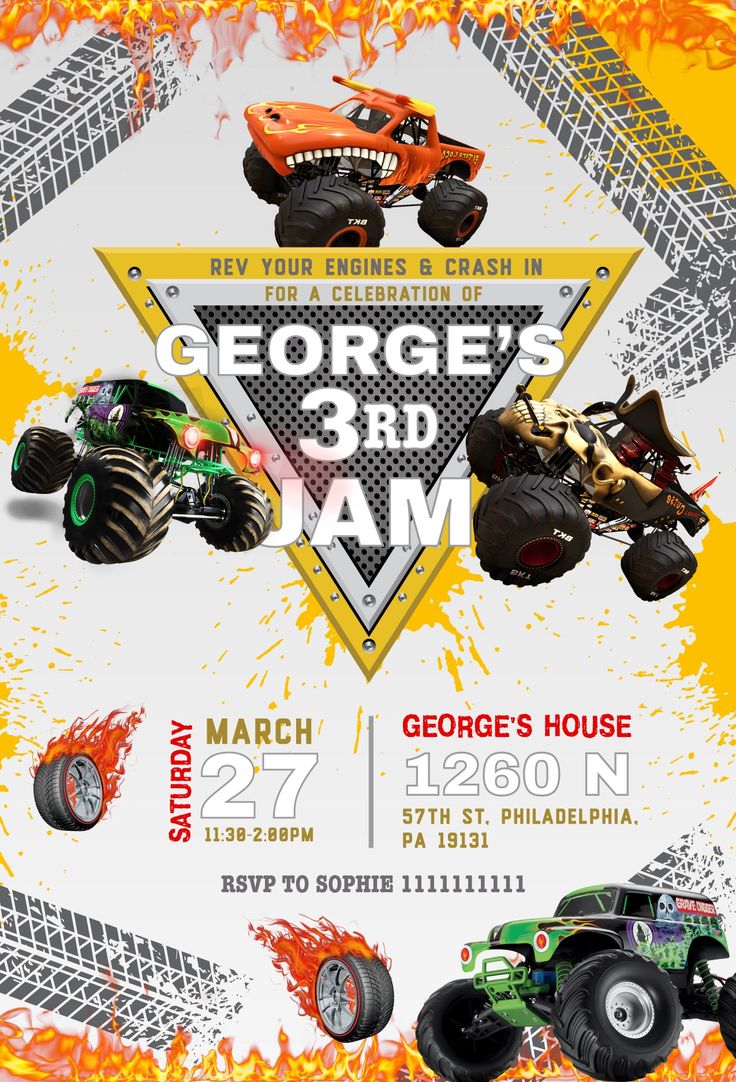 an event poster with four monster trucks on fire and flames in the background, which reads george's 3rd jam