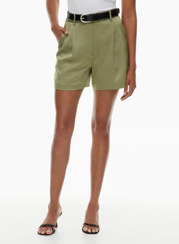 THE EFFORTLESS SHORT™ SATIN | Aritzia Elegant High-waisted Bermuda Shorts For Work, Chic Formal Shorts With Short Inseam, Tailored Formal Shorts, Formal Fitted Shorts With Belt Loops, Sleek Short Summer Bottoms, Classic Formal Shorts For Spring, Formal Classic Shorts For Spring, Elegant Formal Shorts With Belt Loops, Sleek Summer Shorts