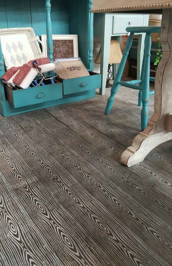 a room with blue walls and wooden floors, two stools on either side of the table