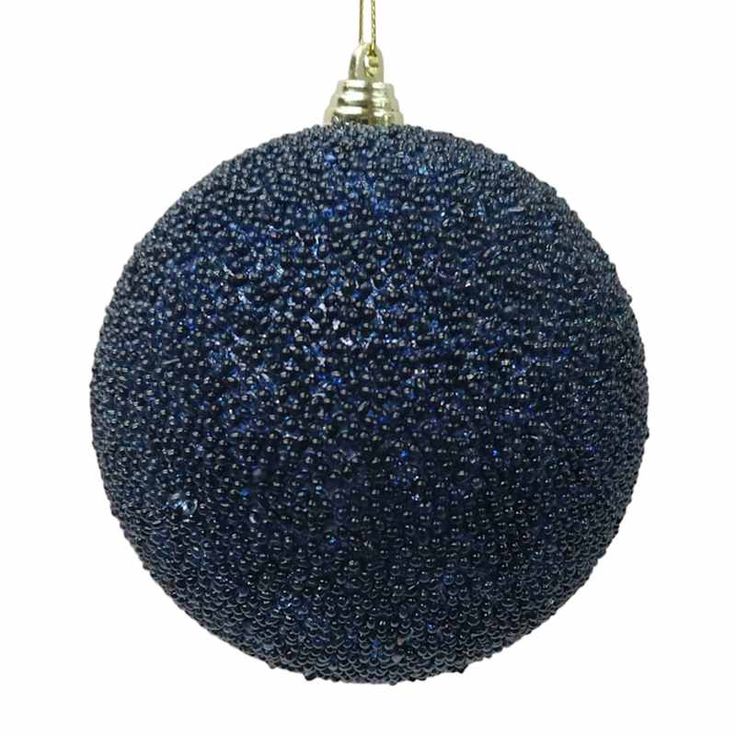 a blue ball ornament hanging from a gold chain