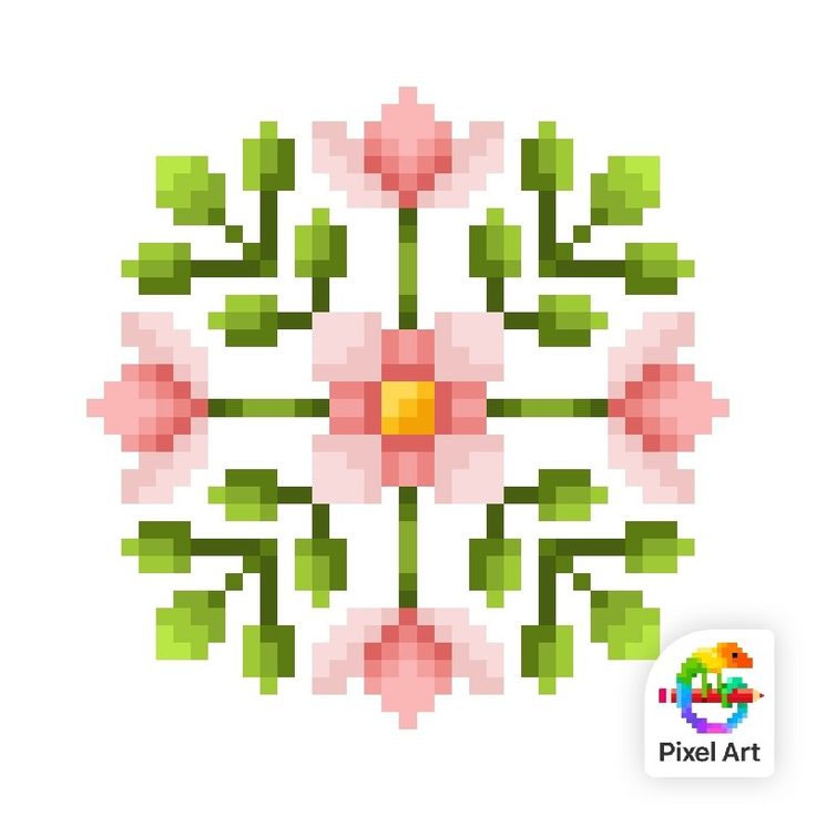 the pixel art flower is made up of pink flowers with green leaves and petals on white background