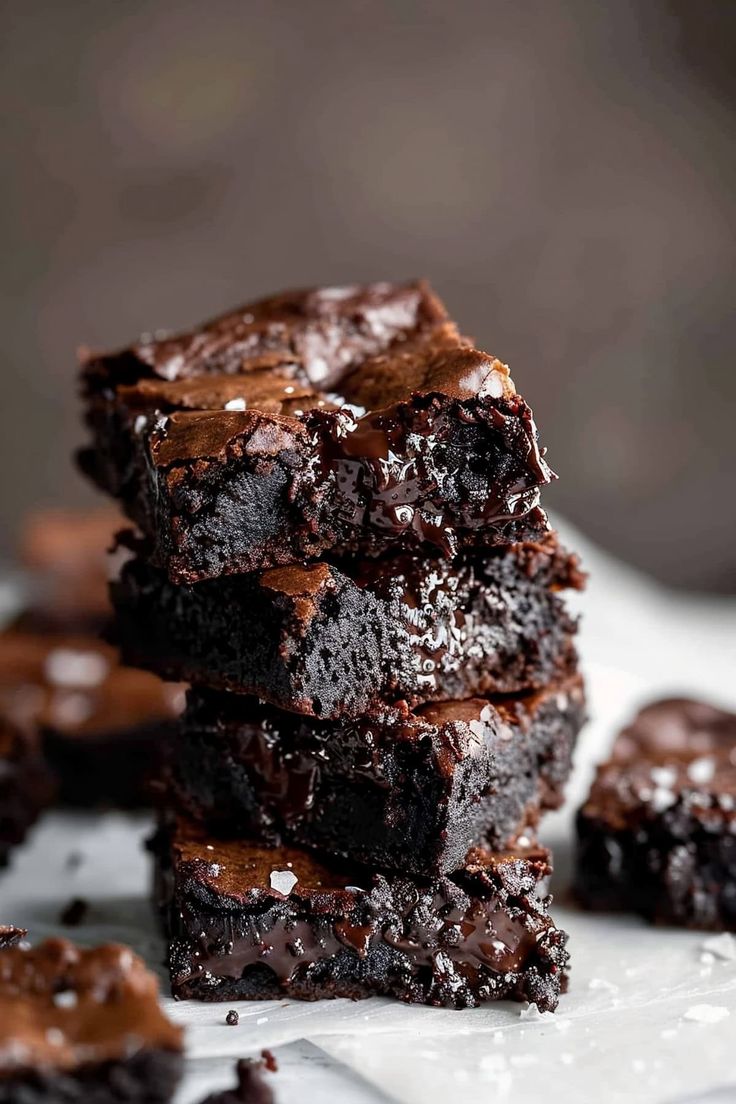 three chocolate brownies stacked on top of each other