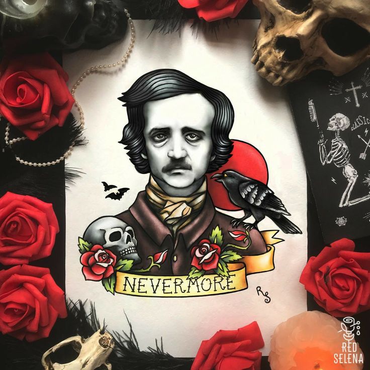 a drawing of edgar poe surrounded by roses and skulls with a skull in the background