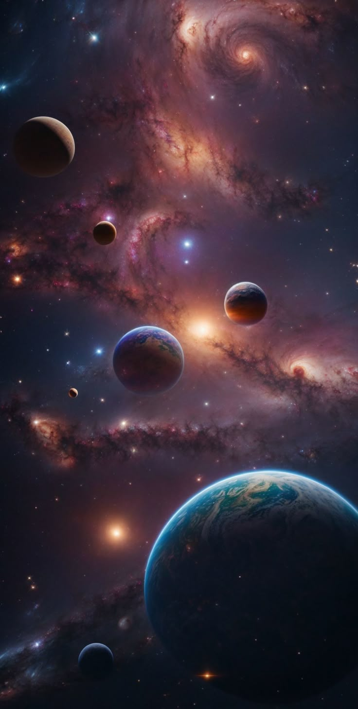 an artist's rendering of the planets in outer space, including earth and stars