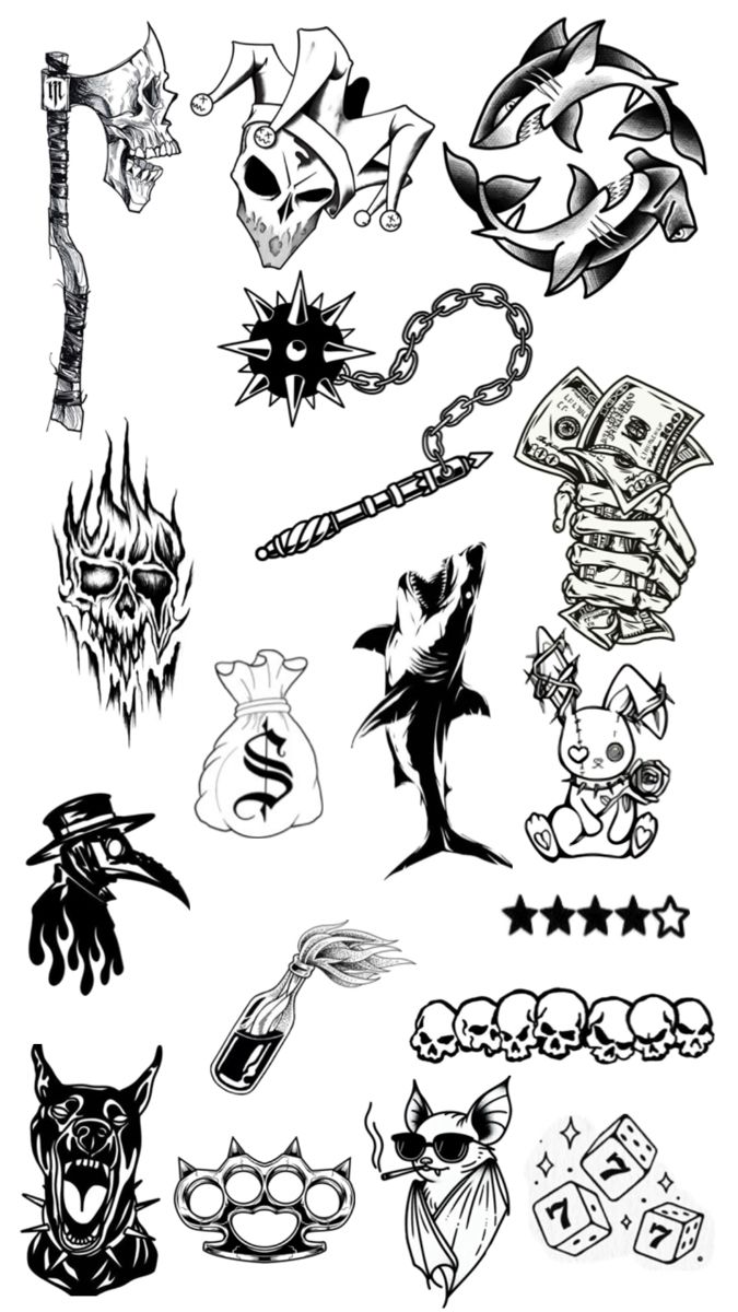 various tattoo designs and symbols are shown