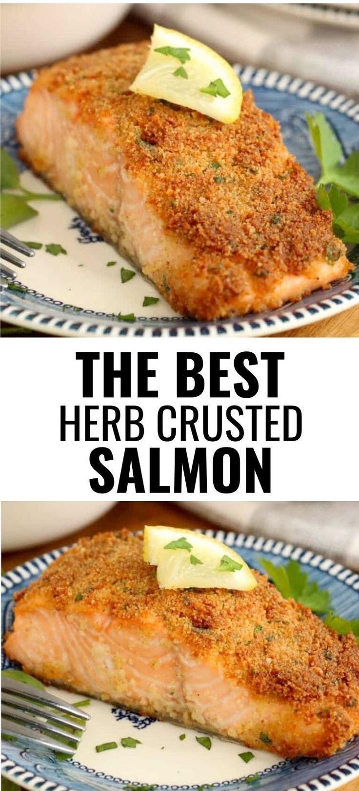 Collage of herb crusted salmon filet on plate at top and bottom. Breaded Salmon Recipes, Fresh Salmon Recipes, Pan Roasted Salmon, Salmon Recipes Baked, Fried Salmon Recipes, Breaded Salmon, Air Fryer Recipes Salmon, Fancy Recipes, Herb Crusted Salmon