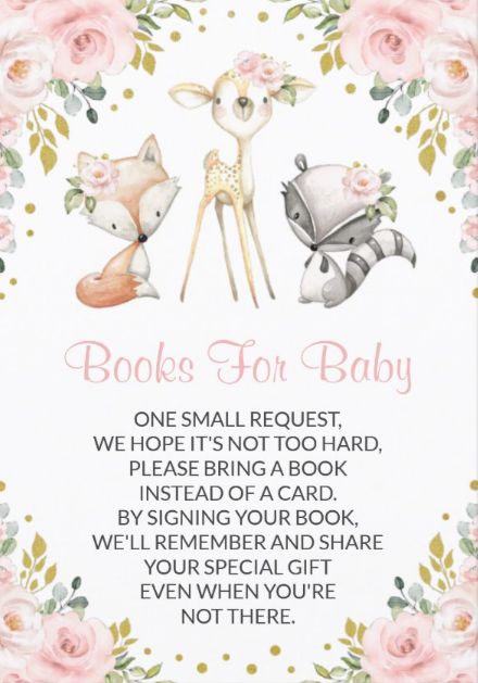 a baby shower sign with two animals and flowers in the background that says books for baby