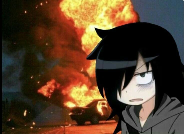 an anime character standing in front of a large fire with flames coming out of it