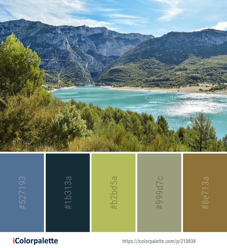 the color palette is blue, green, yellow and brown with mountains in the background