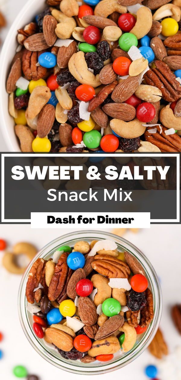 sweet and salty snack mix in a bowl with the title above it that reads, dash for dinner