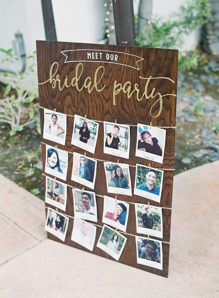 a wooden sign with pictures on it that says bridal party in english and spanish