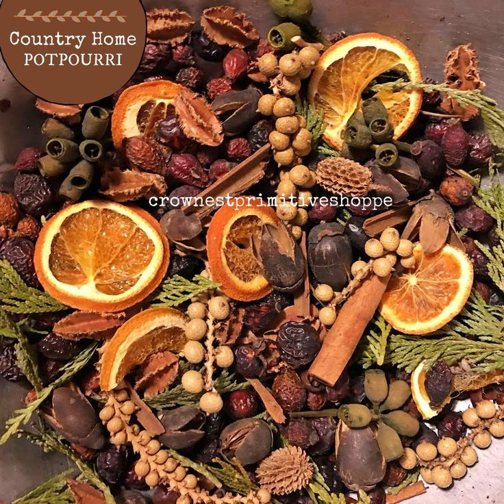 an assortment of dried fruits and nuts arranged in a bowl with the words country home potpour written above it