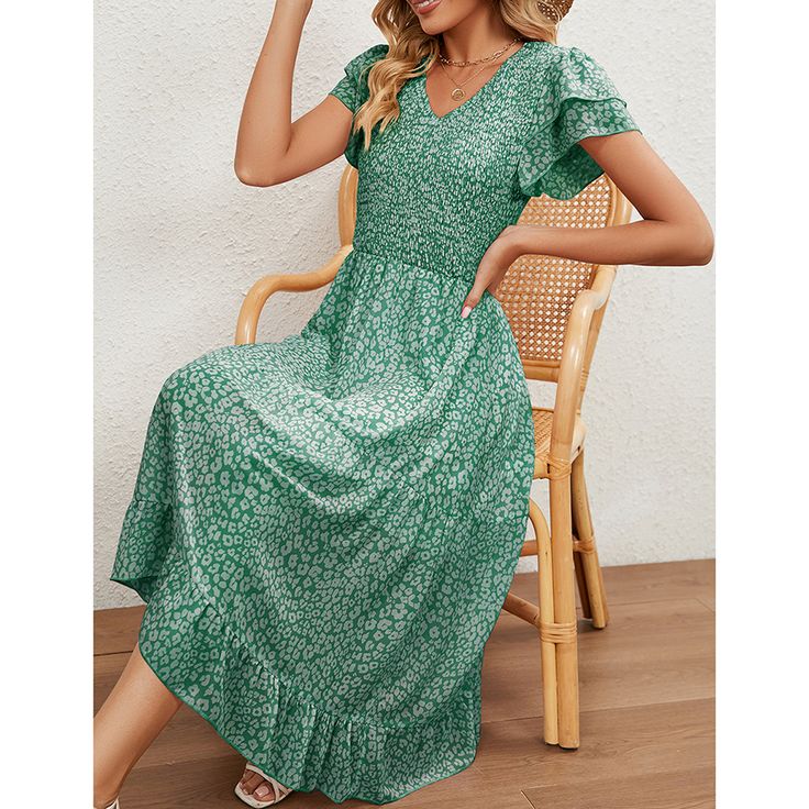 Green V Neck Pleated Chiffon Floral Dress Chiffon Maxi Dress With Short Sleeves, Non-stretch, Non-stretch Chiffon Maxi Dress With Short Sleeves, Green Bohemian Chiffon Dress For Spring, Green V-neck Chiffon Dress For Summer, Flowy Chiffon Casual Maxi Dress, Flowy Casual Chiffon Maxi Dress, Green Bohemian Floral Print Chiffon Dress, Spring Green Flowy Chiffon Dress, Green Bohemian Chiffon Dress With Floral Print