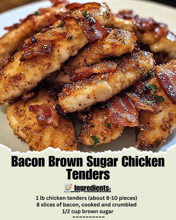 bacon brown sugar chicken tenders on a white plate with text overlay that reads, bacon brown sugar chicken tenders ingredients