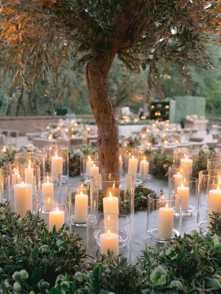 an outdoor table with candles and greenery on the ground in front of a tree