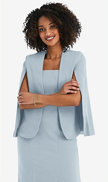 Open-front Split Sleeve Cape Jacket In Mist | The Dessy Group Elegant Fitted Wedding Cape, Elegant Fitted Capelet For Evening, Elegant Evening Capelet With Cape Sleeves, Elegant Evening Capelet, Elegant Fitted Capelet, Formal Cape With Draped Sleeves, Fitted Formal Cape, Elegant Fitted Capelet For Formal Occasions, Chic Fitted Capelet For Formal Occasions