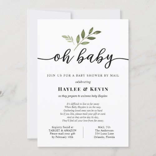 the oh baby shower is shown in black and white, with greenery on it