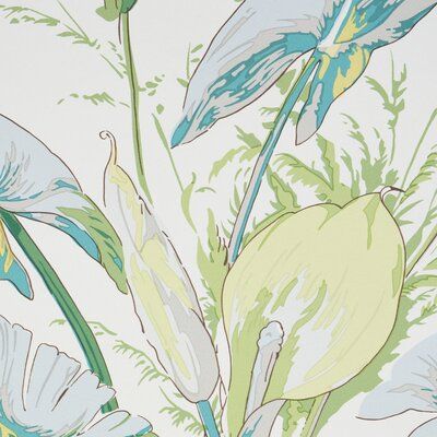 an artistic painting of blue and green flowers on a white wallpapered background,