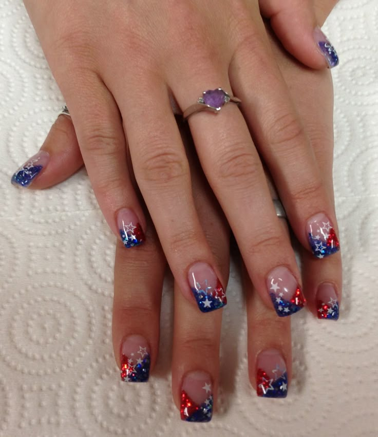 American Red, white & blue Gel Nails by Janee Tittensor @ www.awildhairsalonreno.com Gel Nails With Colored Tips, Red White And Blue French Nail Tips, Memorial Day French Tip Nails, French 4th Of July Nails, 4th Of July French Nails, Red White And Blue Nail Ideas, Memorial Day Gel Nail Designs, Red White And Blue Nail Tips, Patriotic French Tip Nails