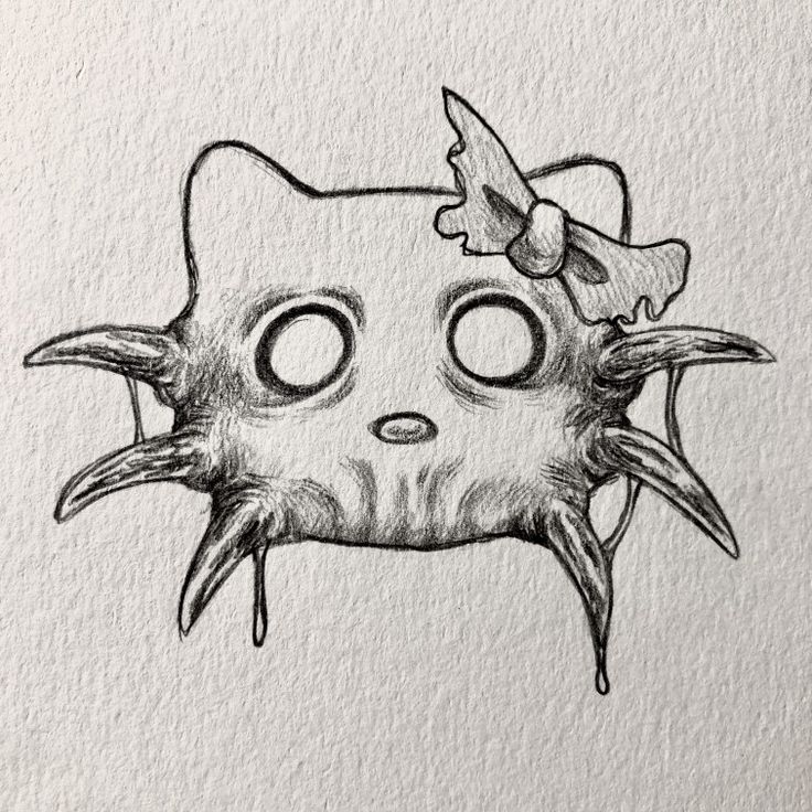 a drawing of a cat with big eyes and a bow on it's head