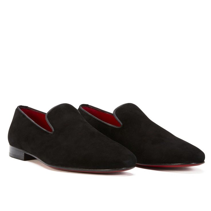 This plush black version of the timeless 'loafer' has been hand crafted from flawless suede leather, embellished with a leather insole that nods to the brand's heritage. Perfectly paired with a tailored suits, leather jackets or a tuxedo on a red carpet. Stacked heel. Leather Lining for a luxurious feel and moisture control Leather sole Tapered round toe. Slip-on style. The handmade leather outsole and insole are Made in Italy. STYLE #32399 Formal Slip-on Loafers With Suede Lining, Business Black Suede Loafers, Formal Calf Leather Slip-ons With Contrast Sole, Designer Formal Round Toe Slippers, Formal Slip-on Loafers With Red Sole, Black Slip-on Loafers With Suede Lining, Luxury Suede Slip-ons For Galas, Black Suede Slip-ons For Business, Classic Formal Slippers With Almond Toe